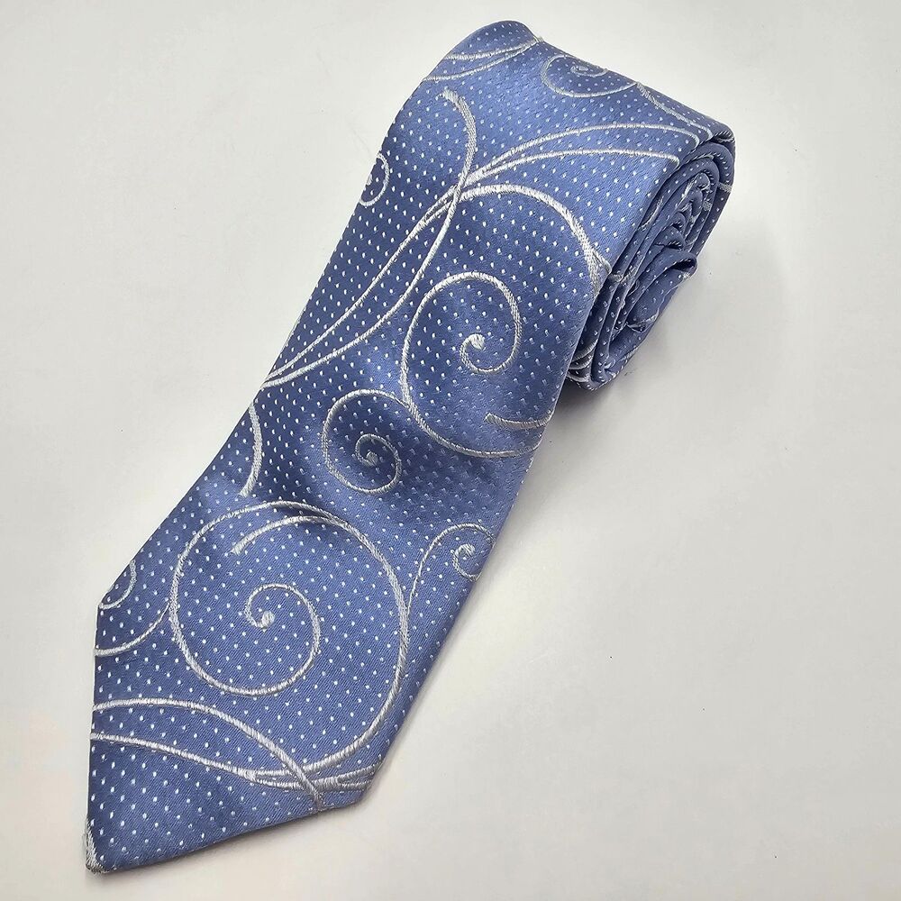 Ted Baker London Silk Tie Blue White Dots Silver Swirl Pattern Classy Necktie